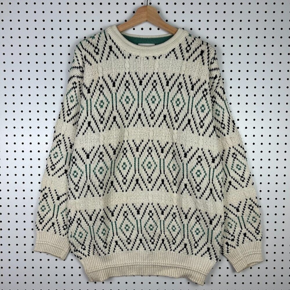 Potomac Collection‎ USA Made Chunky Knit Sweater Large Green Cream Grandpa 90s